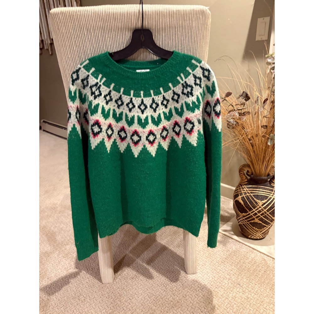 Sundry Womens Green Fair Isle Wool Blend Knit Sweater Size 0 Small Relaxed Yoke